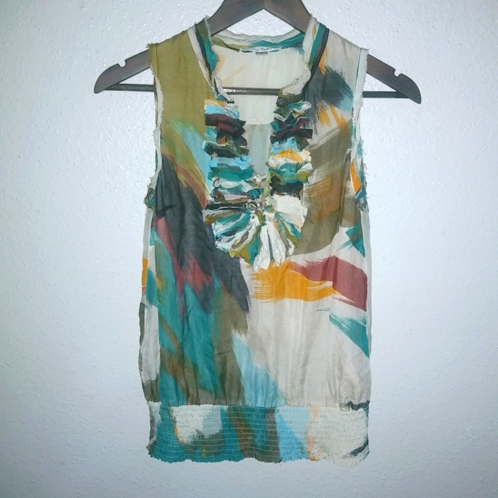 Blue Velvet S Silk Sleeveless Bubble Hem Watercolor Floral Top Tropical